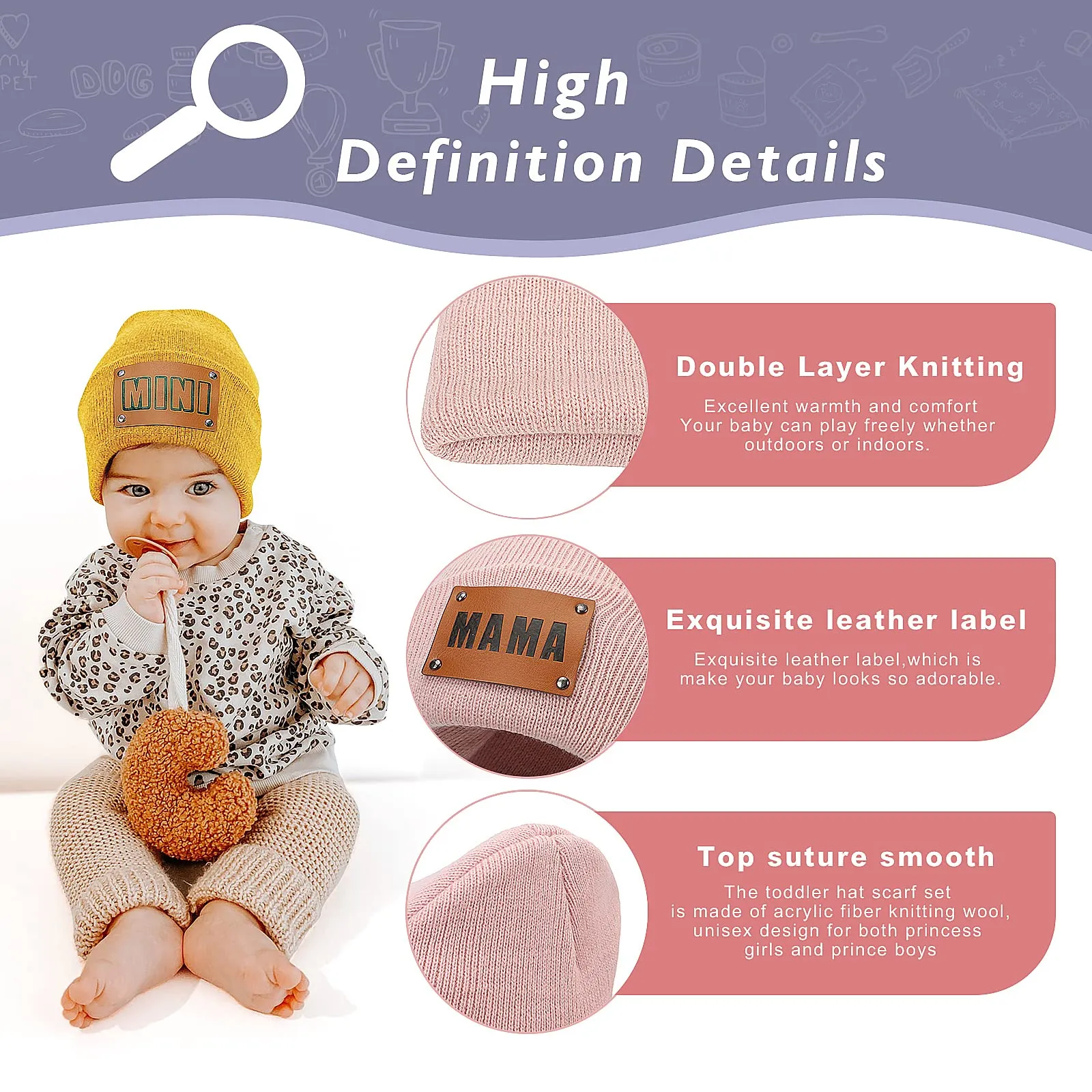 Asufegucd 2PCS Parent-Child Hat,Women's Knitted Beanie Cap,Baby Warm Hiphop Cap,Mother&Baby Winter Knit Wool Beanie,Ski Cap