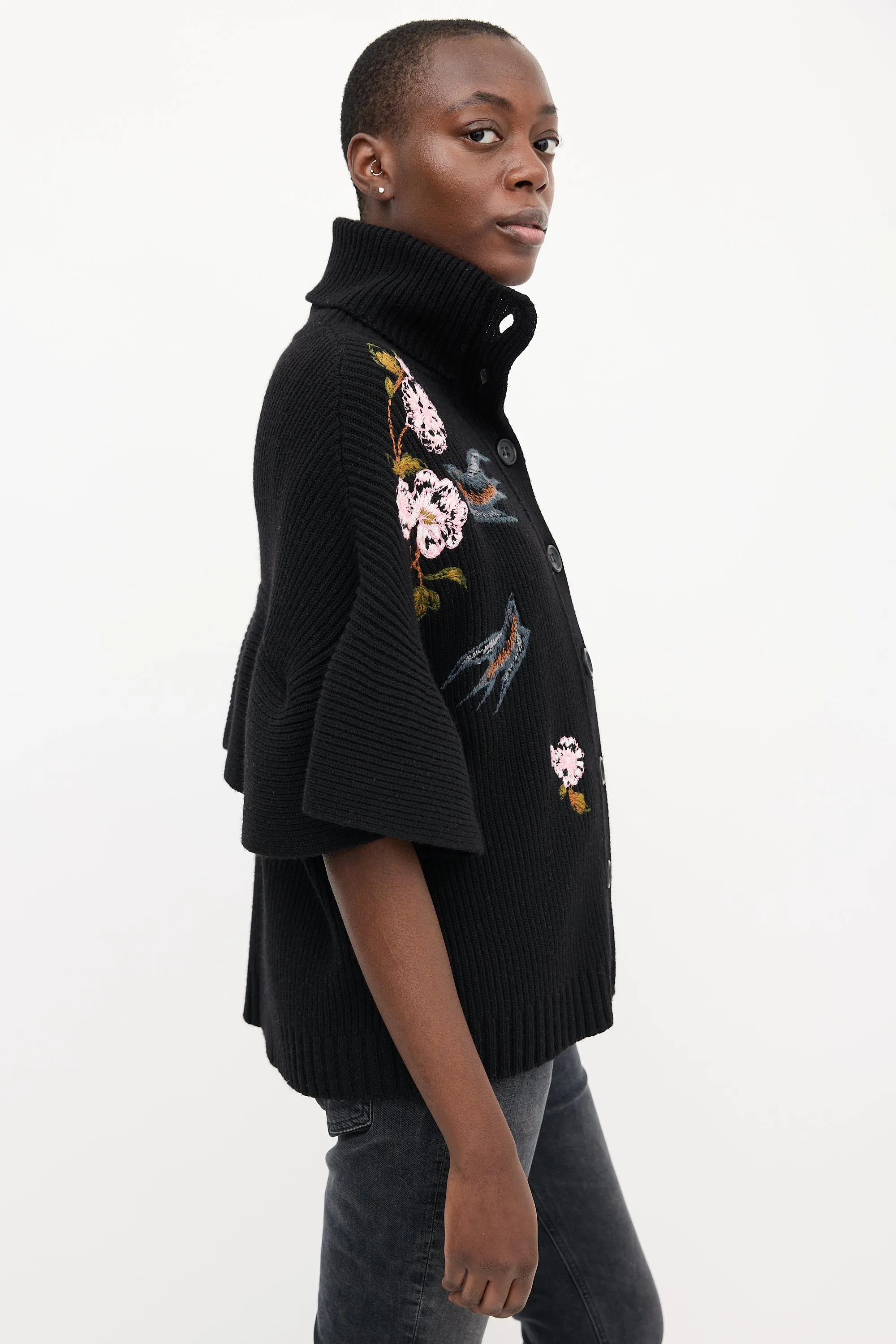 Black & Multi Embroidered Cape Cardigan