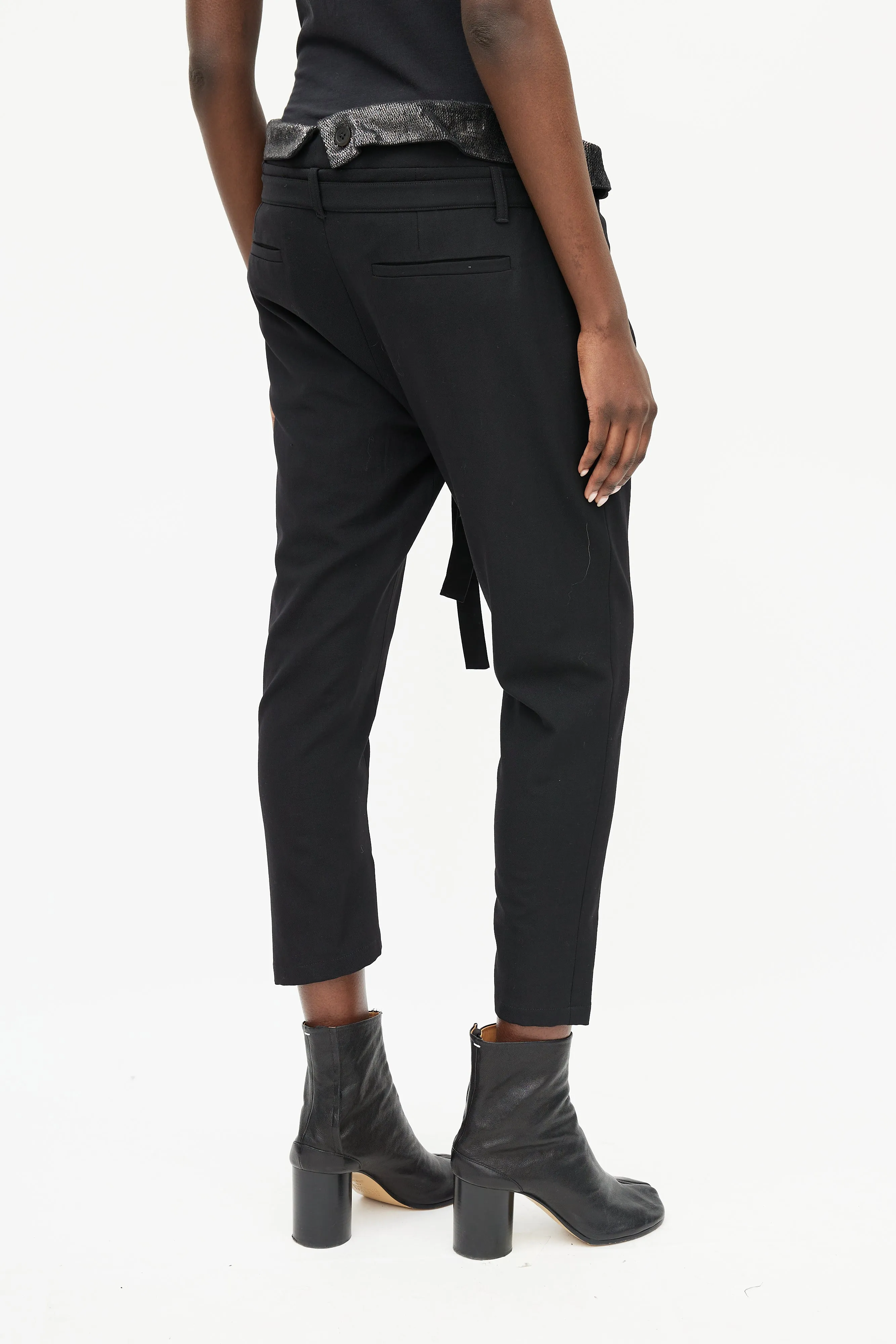 Black Wool & Sequin Waist Belted Pant