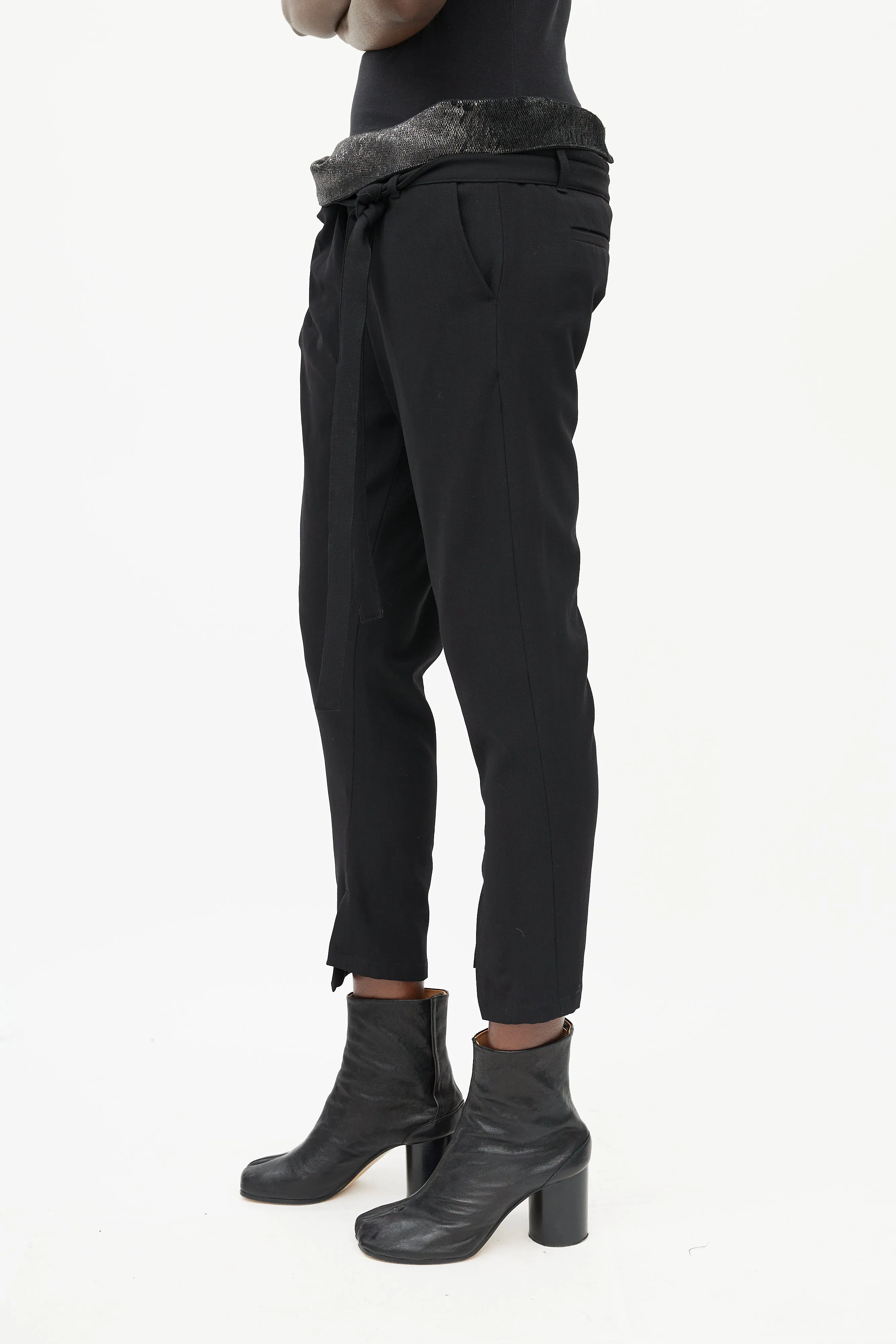 Black Wool & Sequin Waist Belted Pant