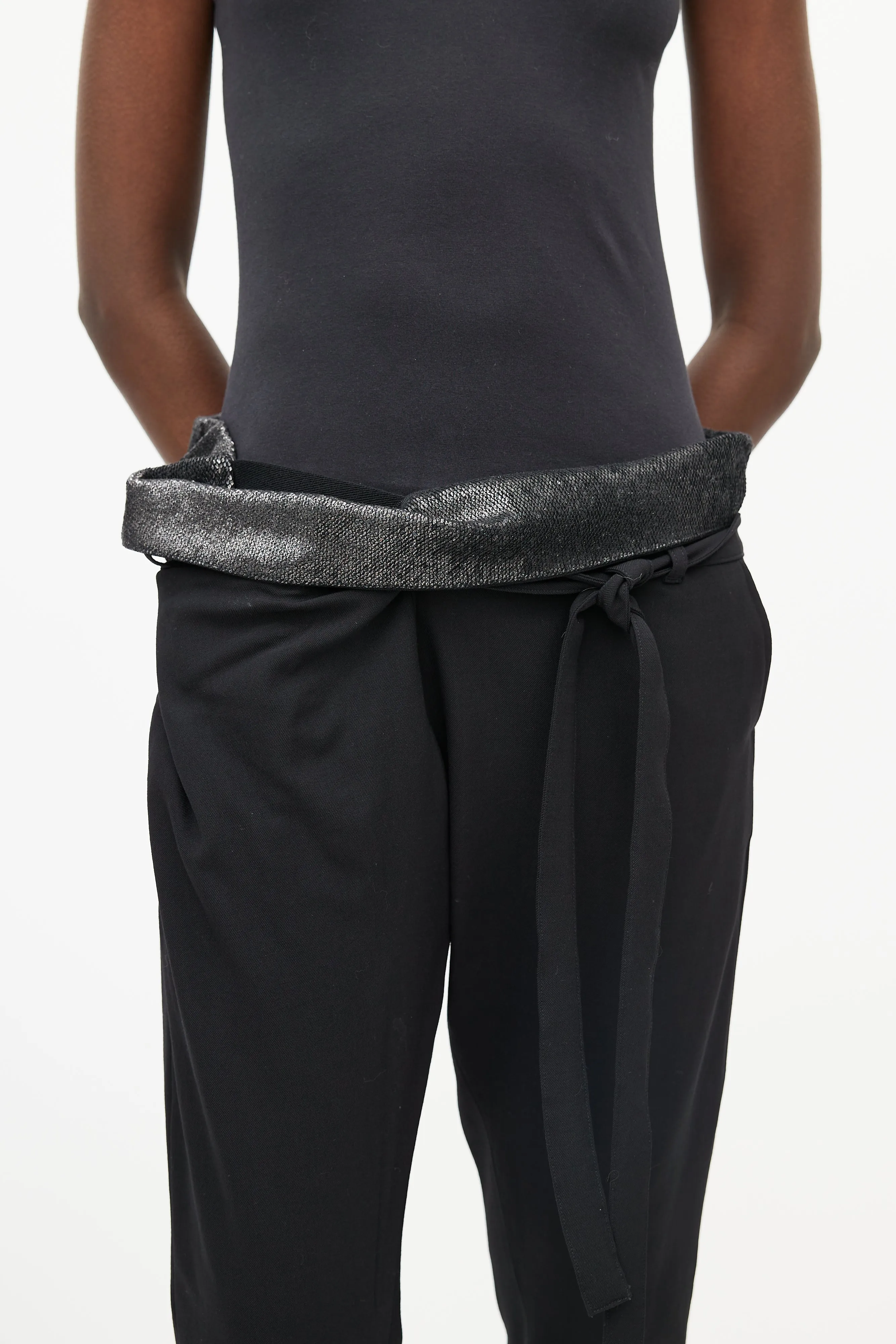 Black Wool & Sequin Waist Belted Pant