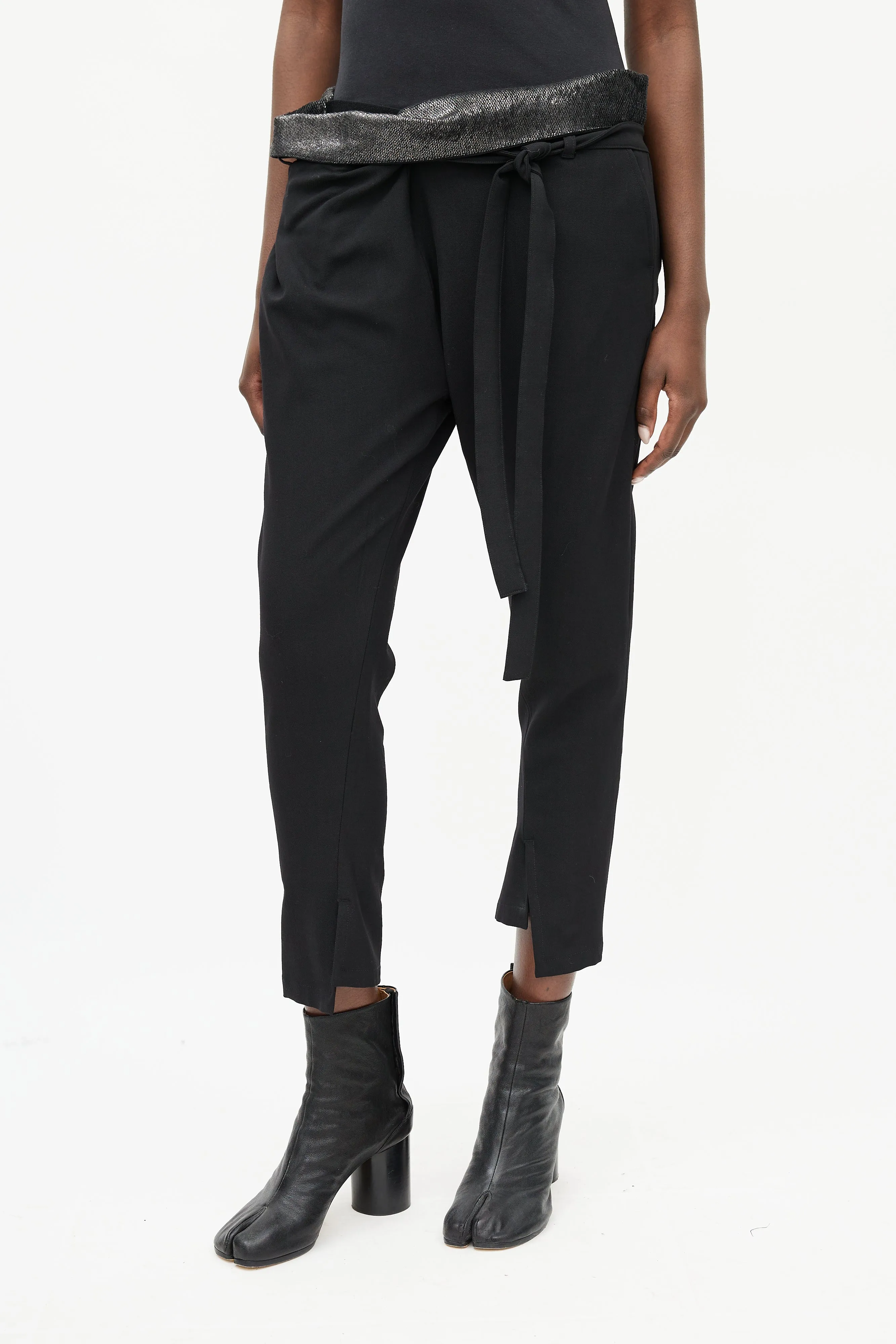 Black Wool & Sequin Waist Belted Pant
