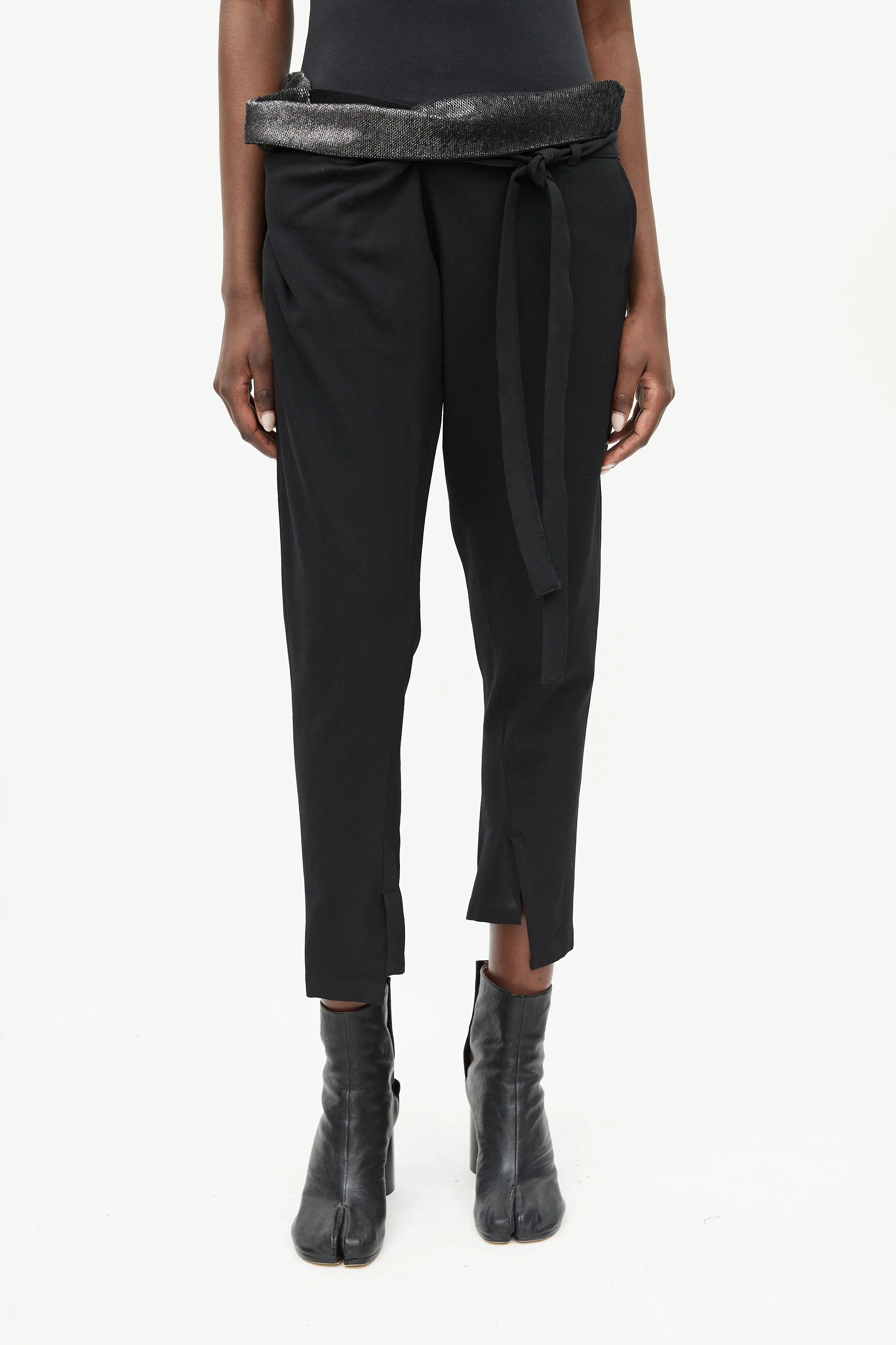 Black Wool & Sequin Waist Belted Pant