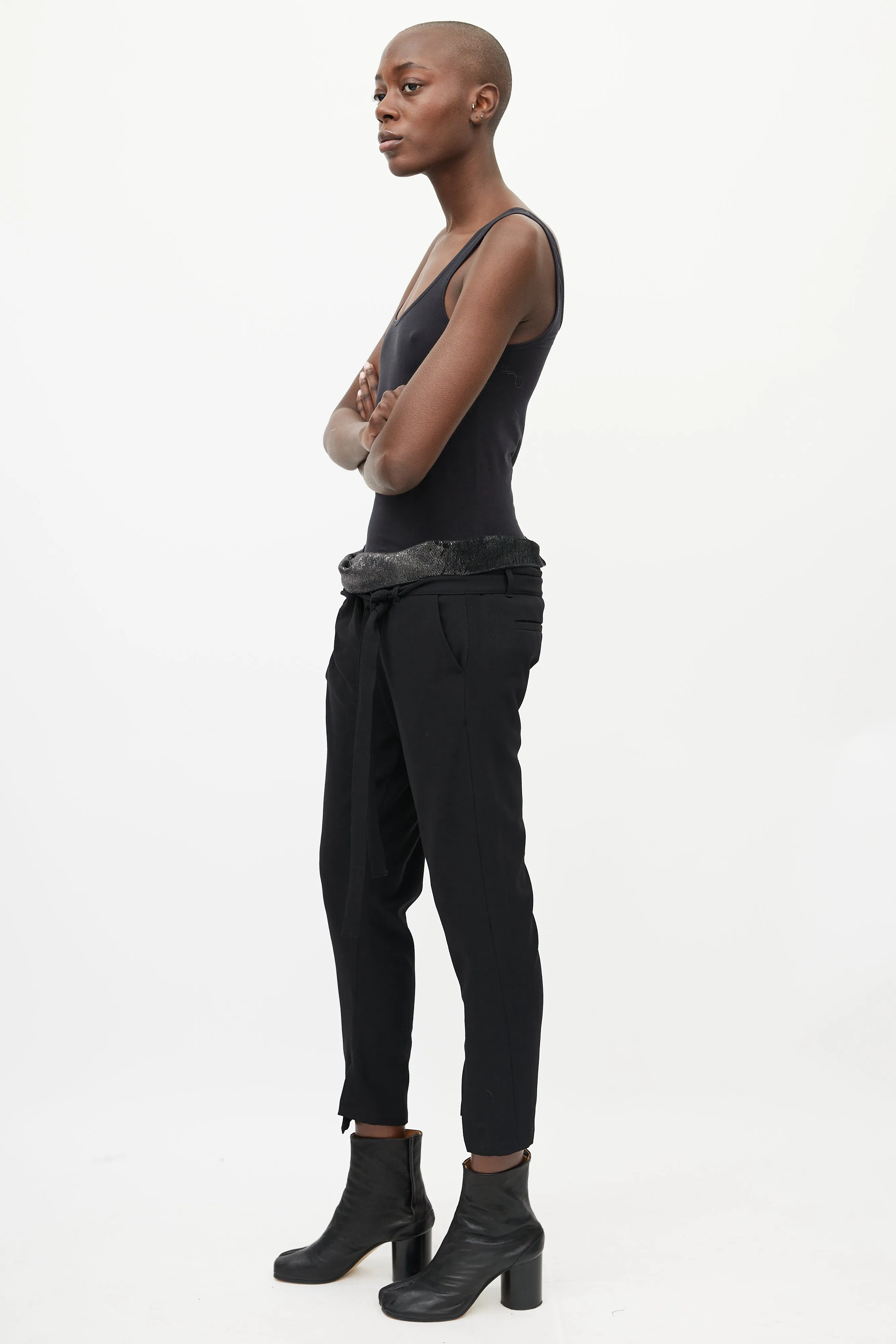 Black Wool & Sequin Waist Belted Pant