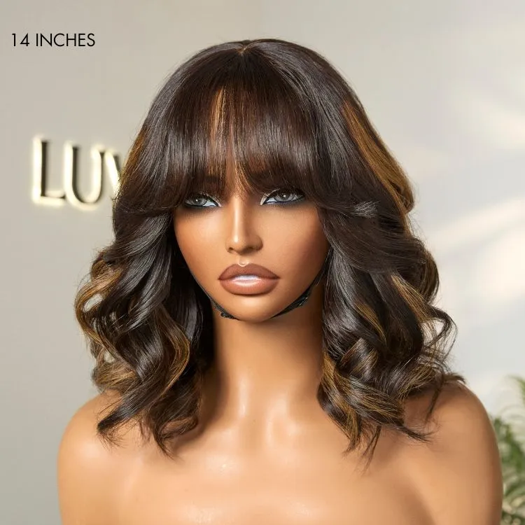 Breathable Cap True Scalp Blonde Highlight Loose Wave Glueless Minimalist Lace Wig with Bangs