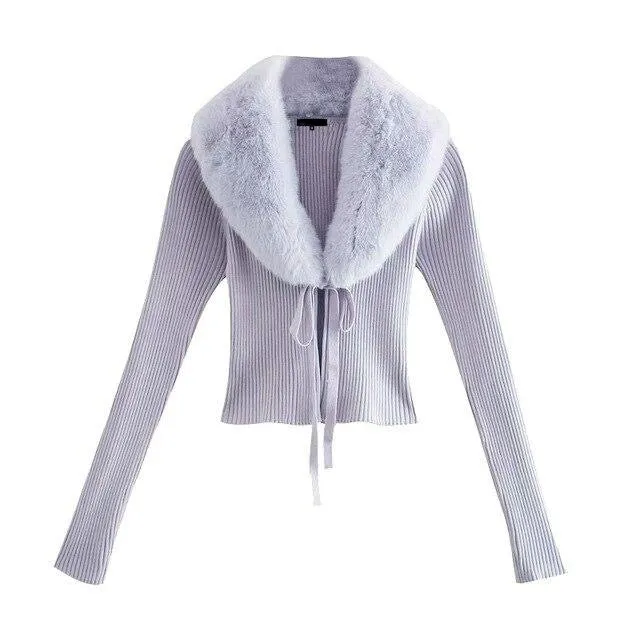 FAUX FUR CROPPED KNIT CARDIGAN
