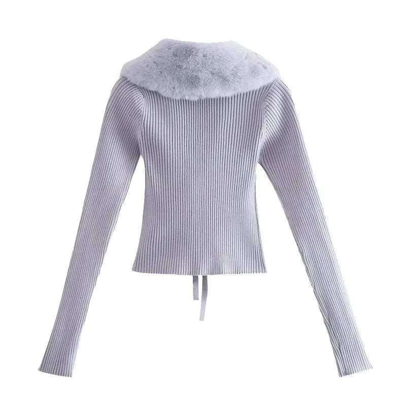FAUX FUR CROPPED KNIT CARDIGAN