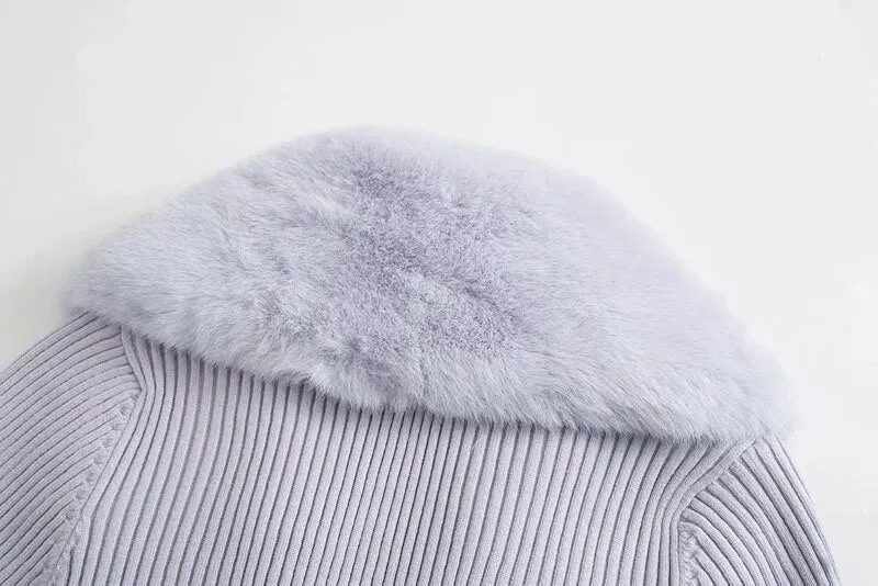 FAUX FUR CROPPED KNIT CARDIGAN