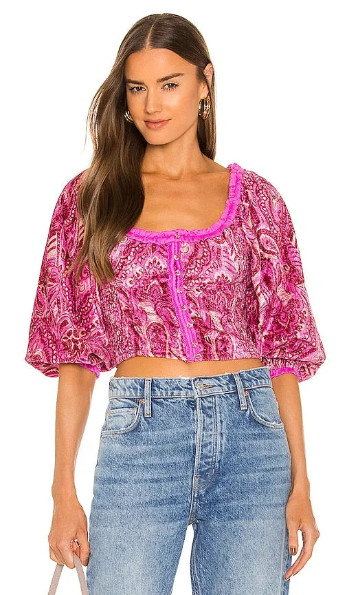 Free People Dare Me Velvet Blouse in Fuchsia