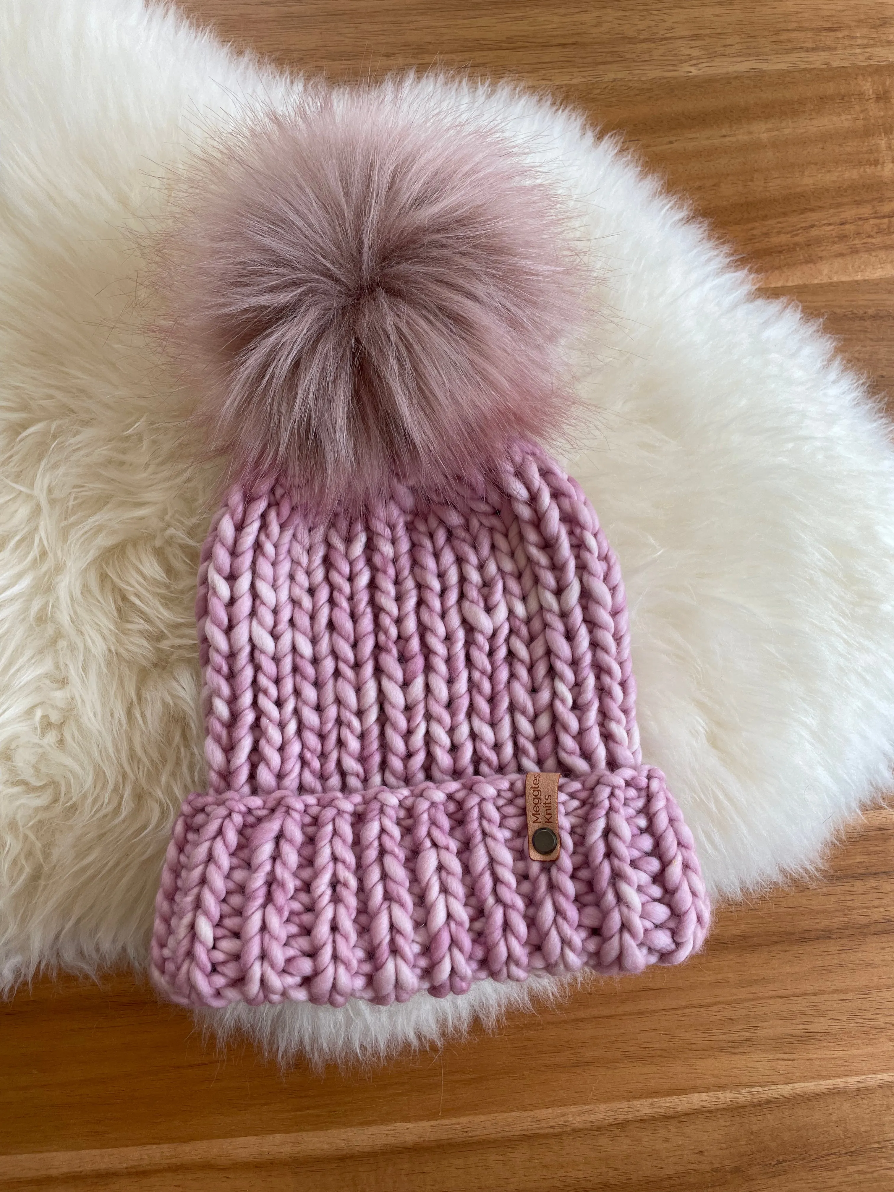 Pink Folded Brim Beanie with Faux Fur Pom Pom