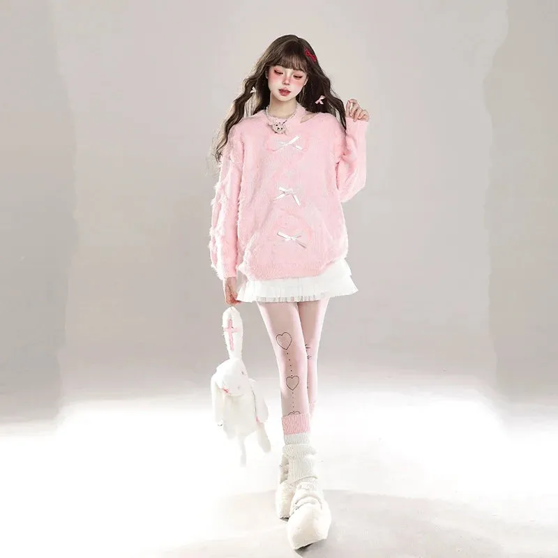 Sweet Soft Girl Style Pink Off-Shoulder Sweater