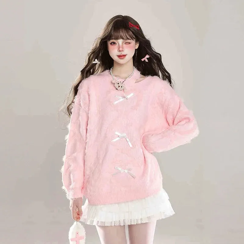 Sweet Soft Girl Style Pink Off-Shoulder Sweater