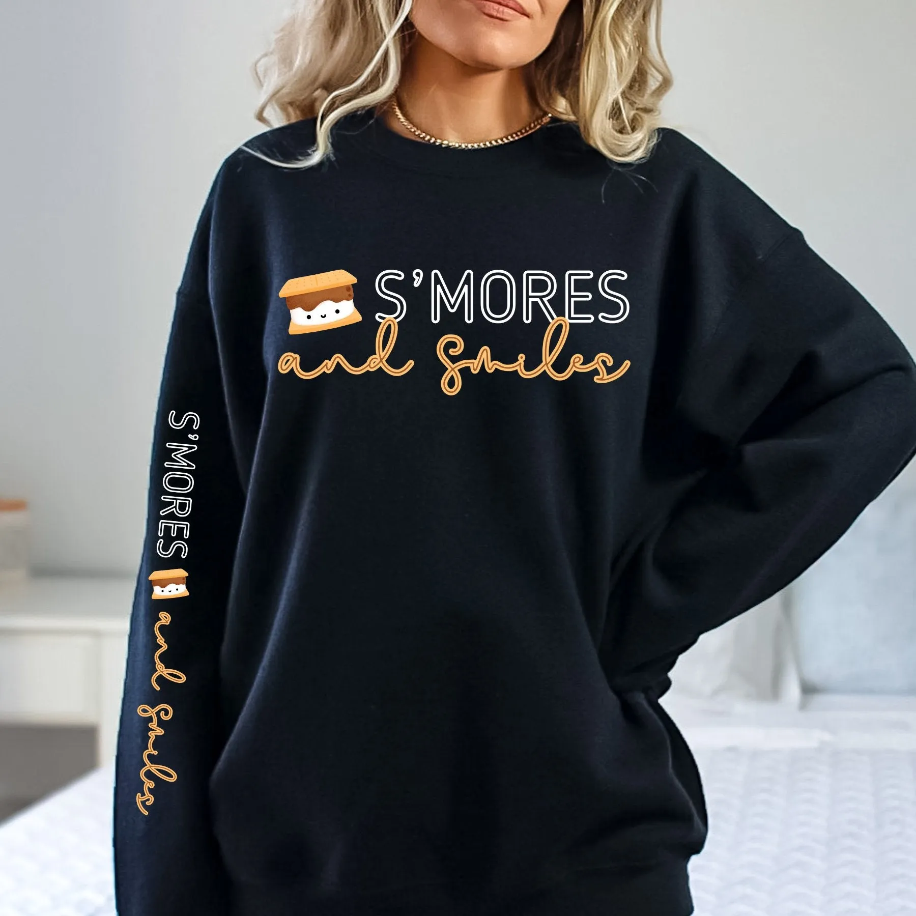 Women's Sweatshirt - 'S'mores and Smiles' with Cute S'more Design and Sleeve Detail