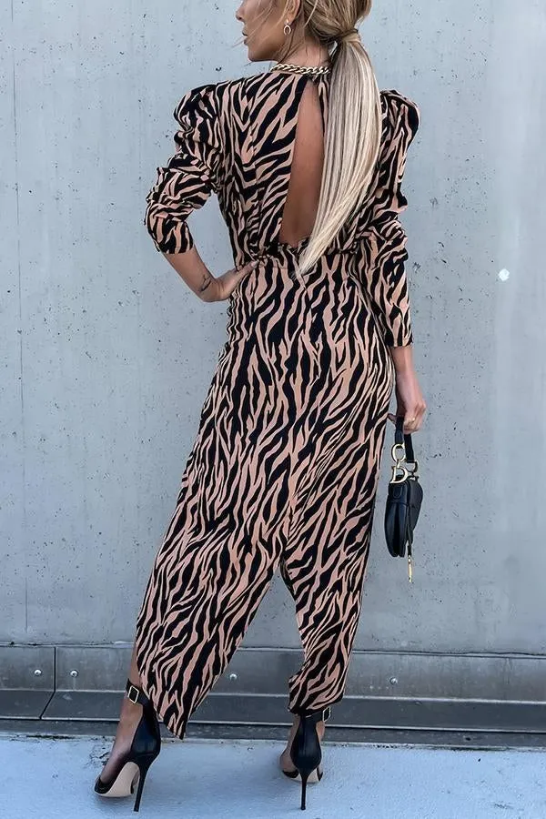 Zebra Print Ruched Puff Sleeve Dress